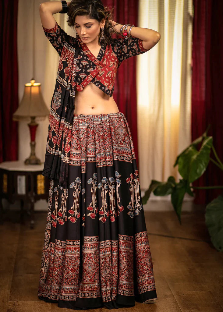 Exclusive Black And Maroon Colour Ajrakh Digital Printed Cotton Linen Sarees