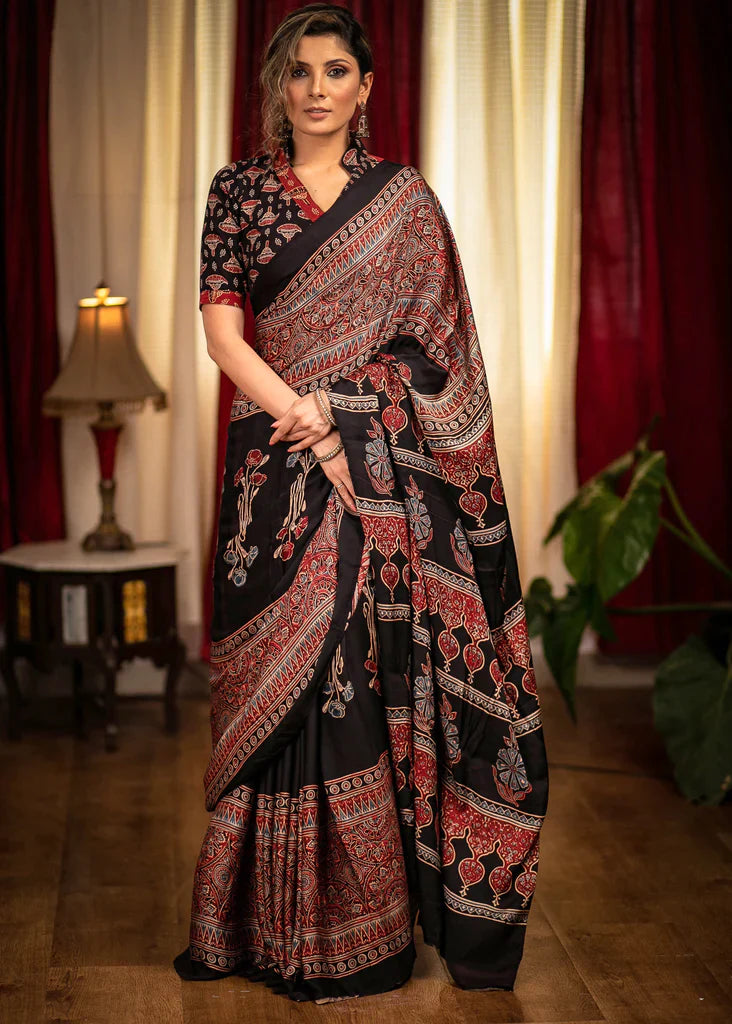 Exclusive Black And Maroon Colour Ajrakh Digital Printed Cotton Linen Sarees