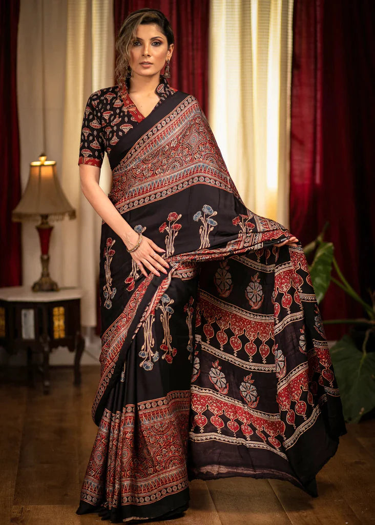 Exclusive Black And Maroon Colour Ajrakh Digital Printed Cotton Linen Sarees