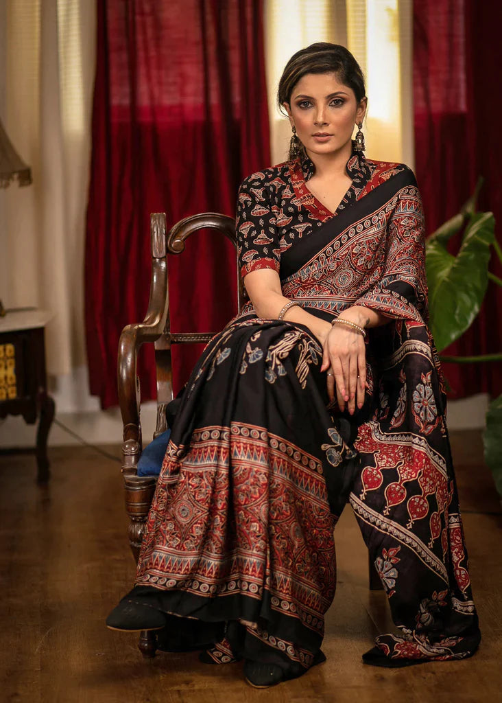 Exclusive Black And Maroon Colour Ajrakh Digital Printed Cotton Linen Sarees