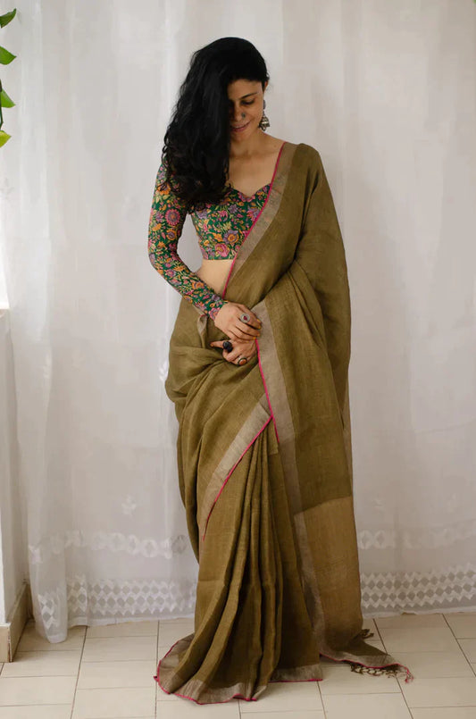 Green Plain Color Digital Printed Cotton Linen Saree.