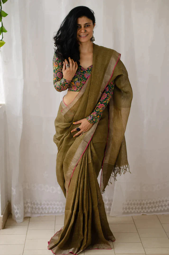 Green Plain Color Digital Printed Cotton Linen Saree.