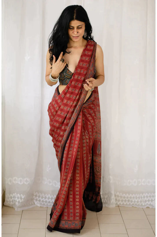 Pretty Maroon Color And Designer ajrakh Digital Printed Cotton Linen Saree