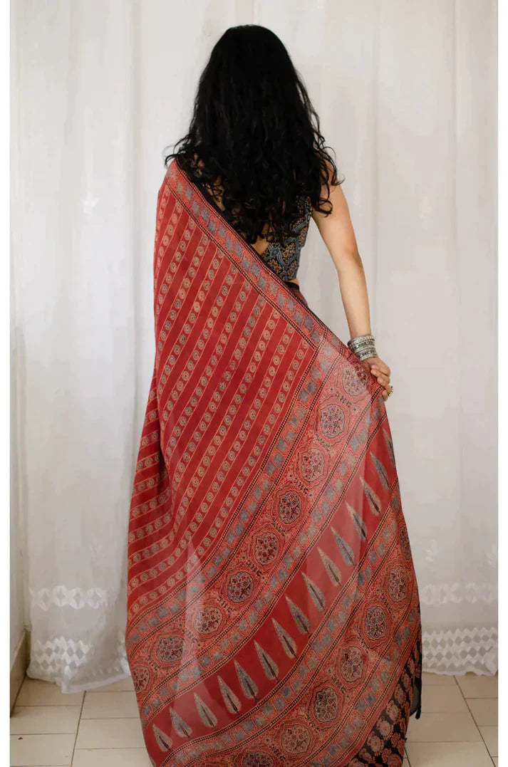 Pretty Maroon Color And Designer ajrakh Digital Printed Cotton Linen Saree