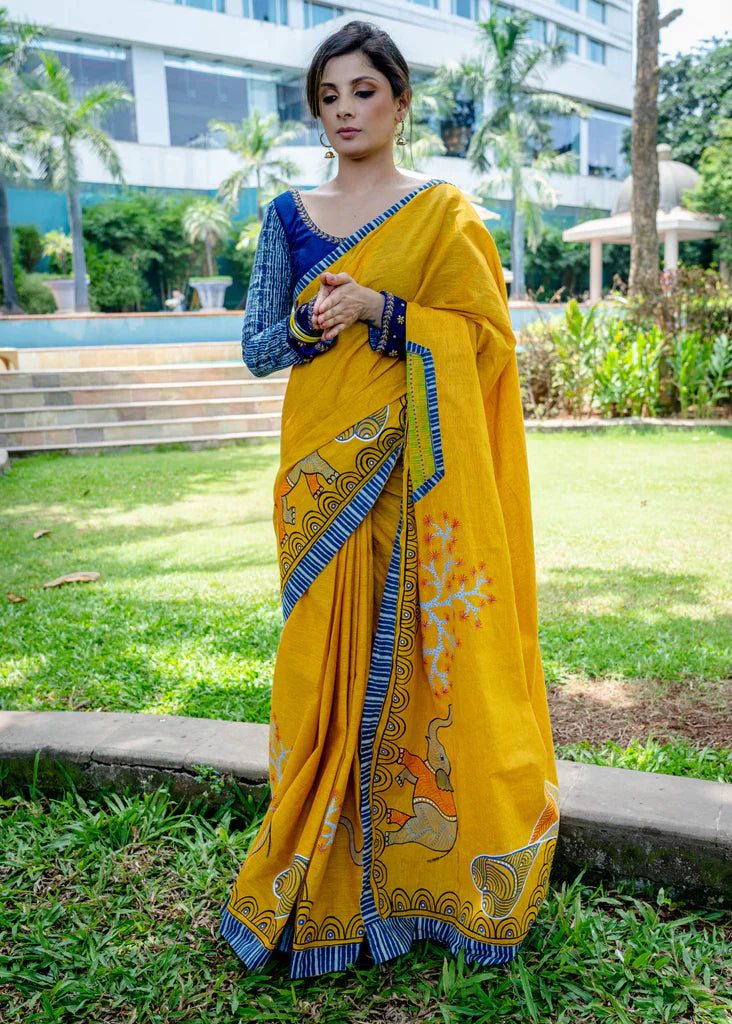 Ajarakh Bollywood Mustard And Indigo Bordar With Digital Printed Linen Cotton Saree