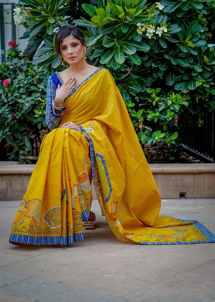 Ajarakh Bollywood Mustard And Indigo Bordar With Digital Printed Linen Cotton Saree