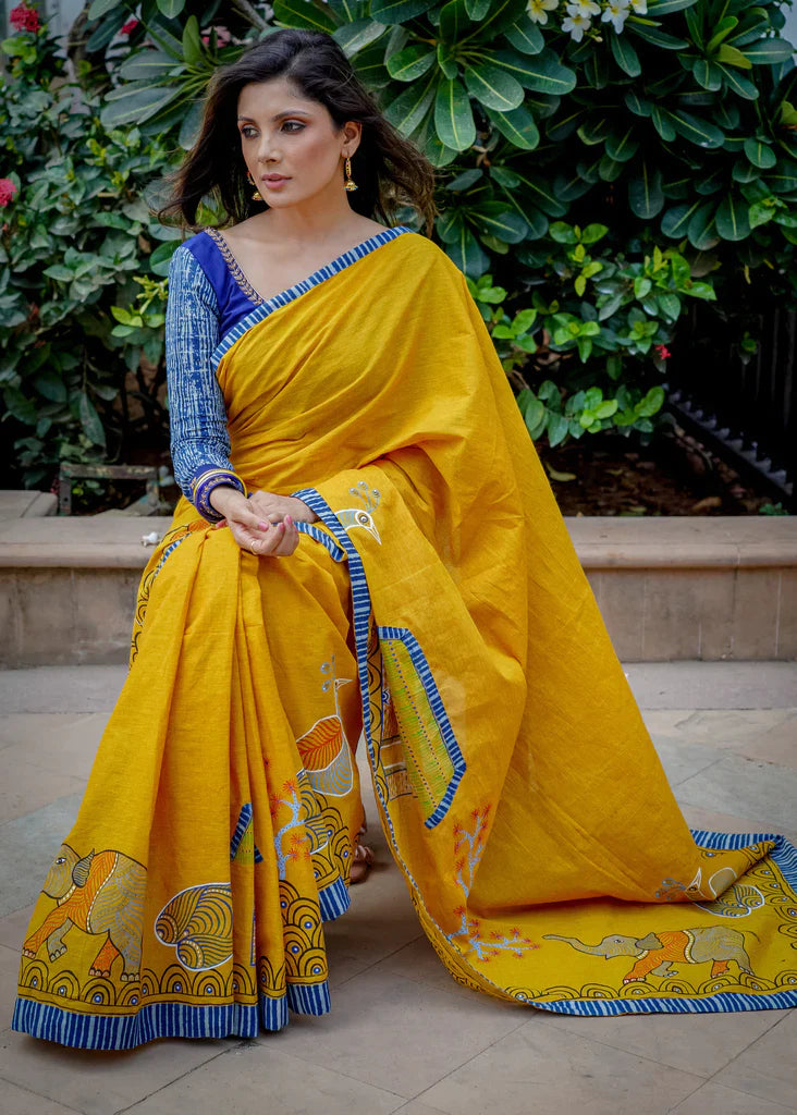 Ajarakh Bollywood Mustard And Indigo Bordar With Digital Printed Linen Cotton Saree