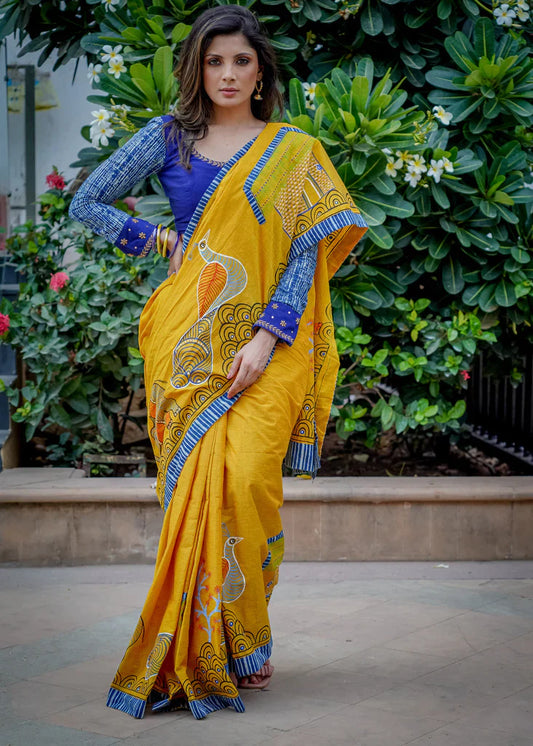 Ajarakh Bollywood Mustard And Indigo Bordar With Digital Printed Linen Cotton Saree