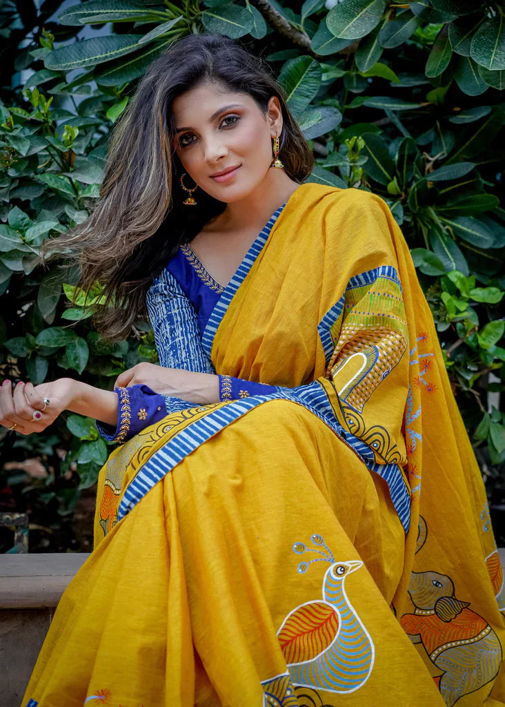 Ajarakh Bollywood Mustard And Indigo Bordar With Digital Printed Linen Cotton Saree