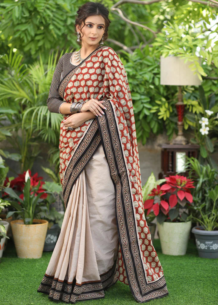 Artisanal Cream Colour Digital Printed Cotton Linen Sarees