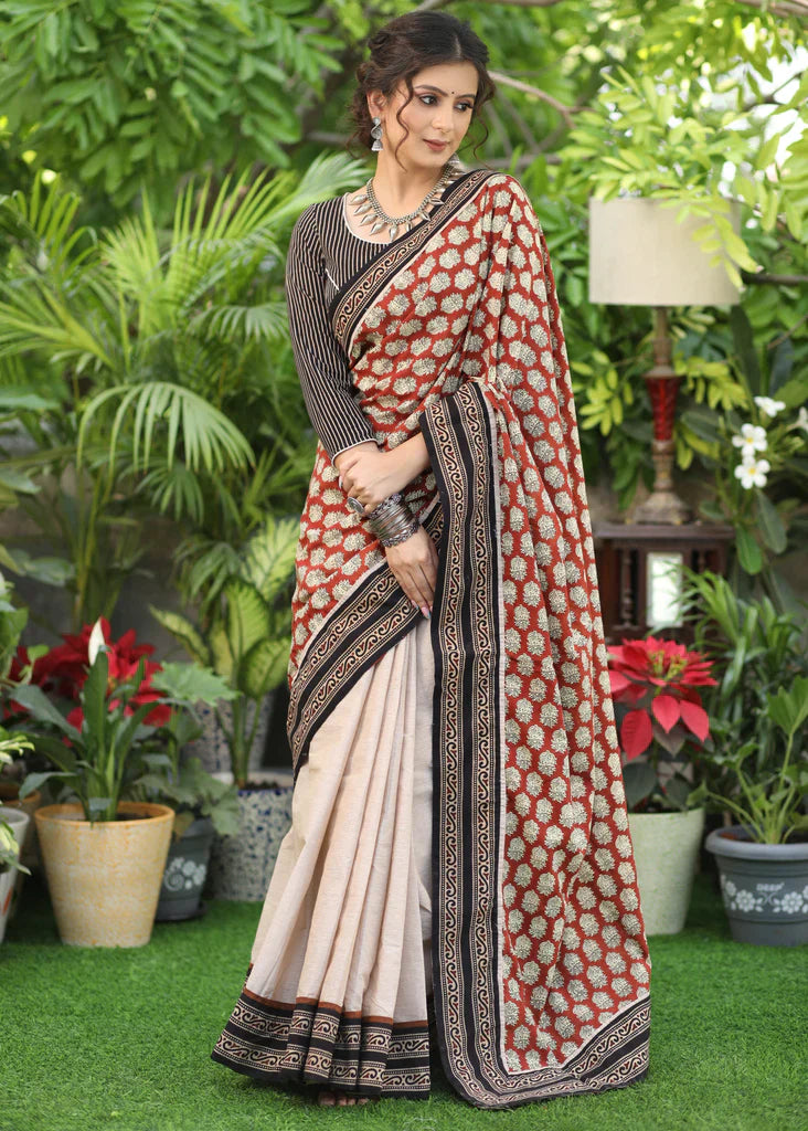 Artisanal Cream Colour Digital Printed Cotton Linen Sarees