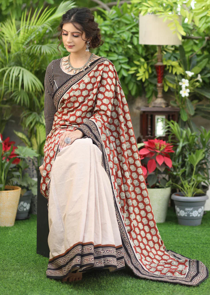 Artisanal Cream Colour Digital Printed Cotton Linen Sarees