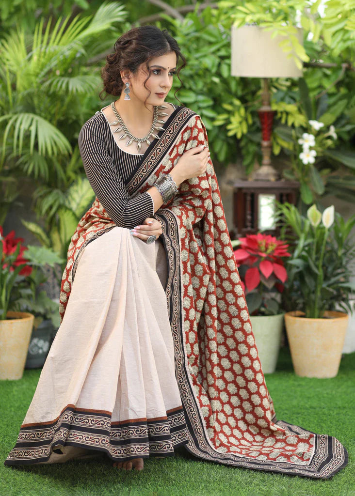 Artisanal Cream Colour Digital Printed Cotton Linen Sarees