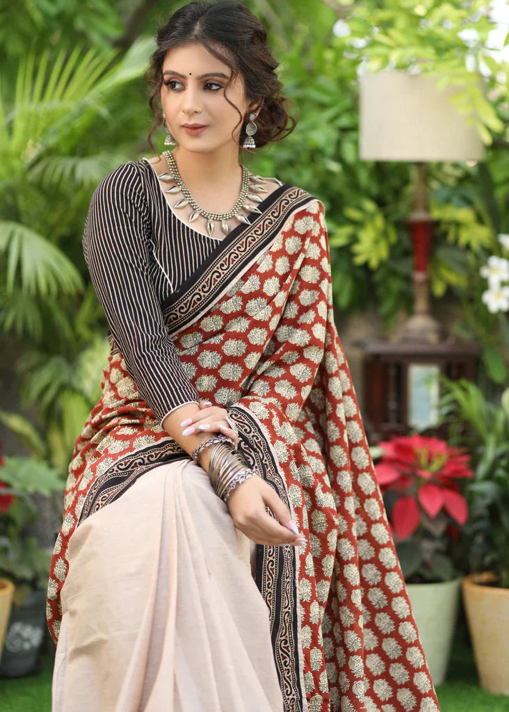 Artisanal Cream Colour Digital Printed Cotton Linen Sarees