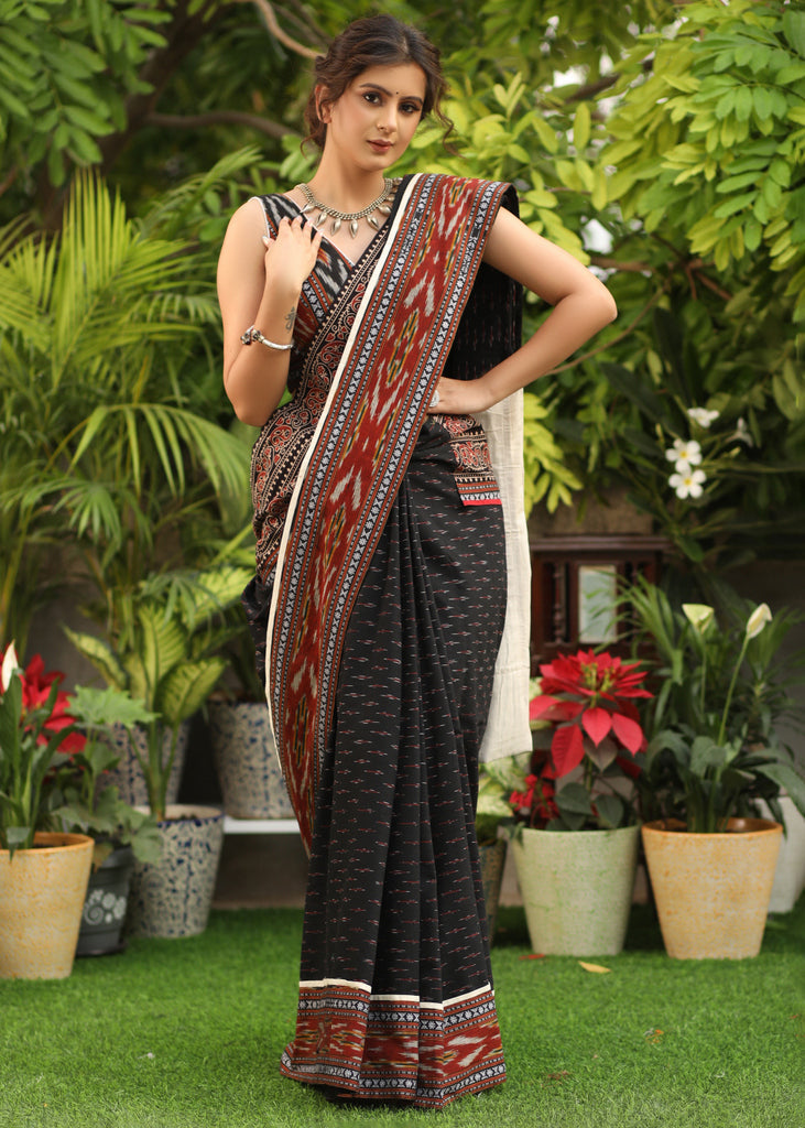 Attractive Black And Cream Color Digital Printed Linen Saree..