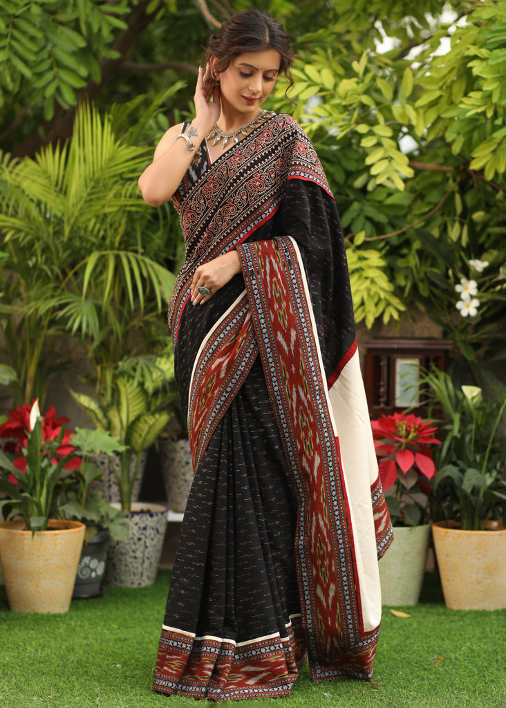 Attractive Black And Cream Color Digital Printed Linen Saree..