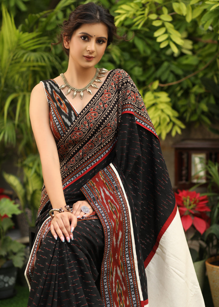 Attractive Black And Cream Color Digital Printed Linen Saree..