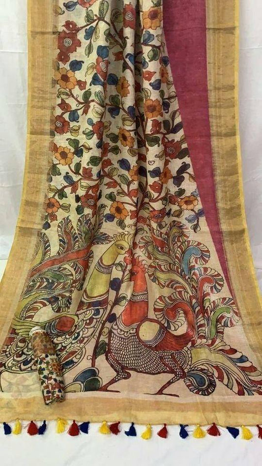 Traditional Kalamkari Printed Linen Saree.