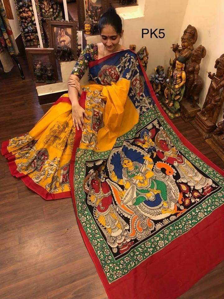 Traditional Multi Color Kalamkari Printed Linen Saree