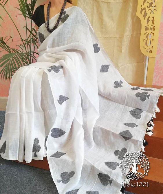 Exclusive White Color Printed Linen Saree