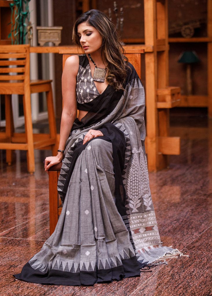 Traditional Gray Color Digital Printed Linen Saree.