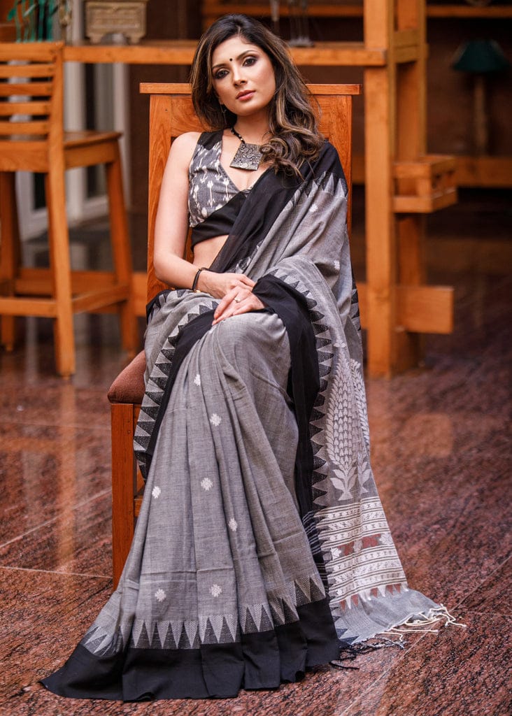 Traditional Gray Color Digital Printed Linen Saree.