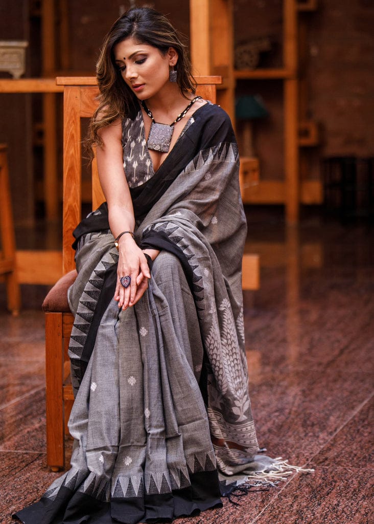 Traditional Gray Color Digital Printed Linen Saree.