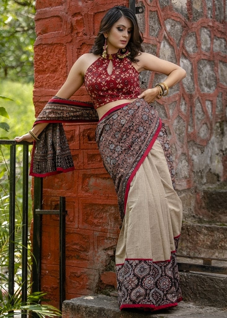 Cream Color Kalamkari Digital Printed Linen Saree.