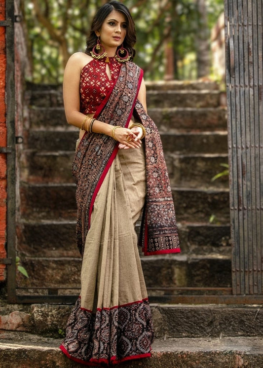 Cream Color Kalamkari Digital Printed Linen Saree.