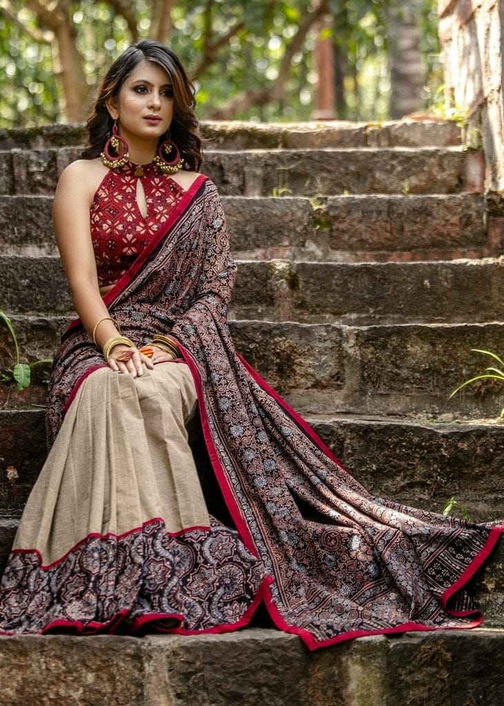 Cream Color Kalamkari Digital Printed Linen Saree.