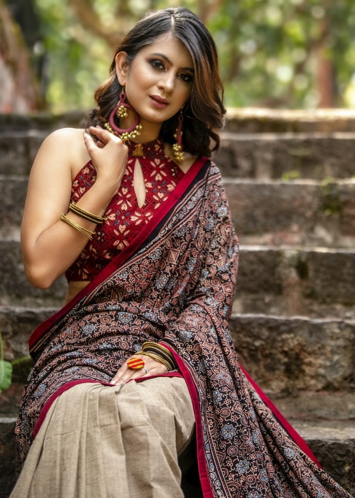 Cream Color Kalamkari Digital Printed Linen Saree.