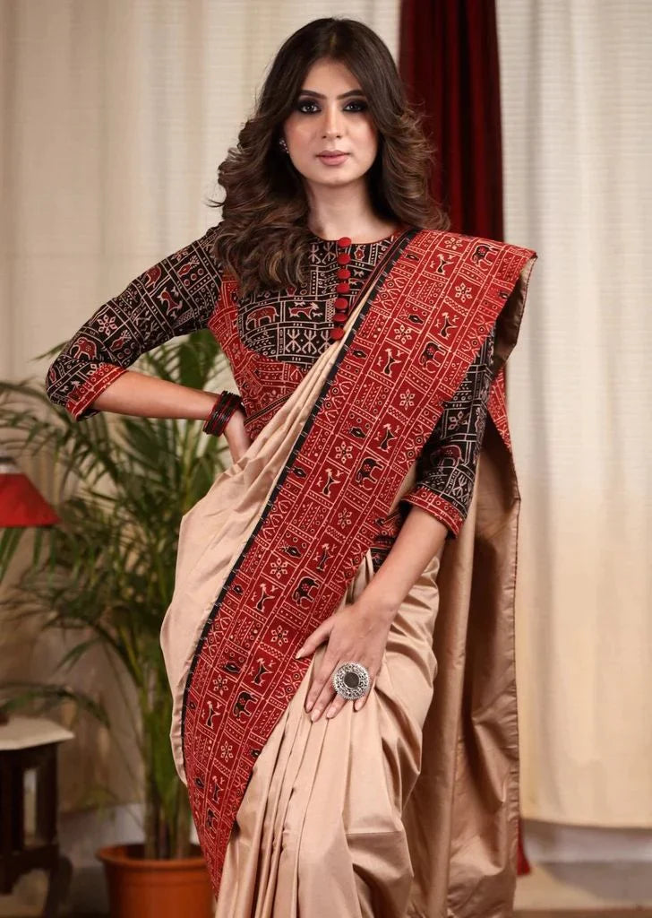 FABLOUS BEIGE COLOR KALAMKARI DIGITAL PRINTED COTTON LINEN SAREE