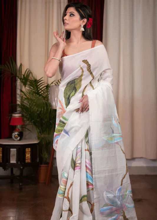 ATTRACTIVE WHITE COLOR KALAMKARI PRINTED COTTON LINEN SAREE