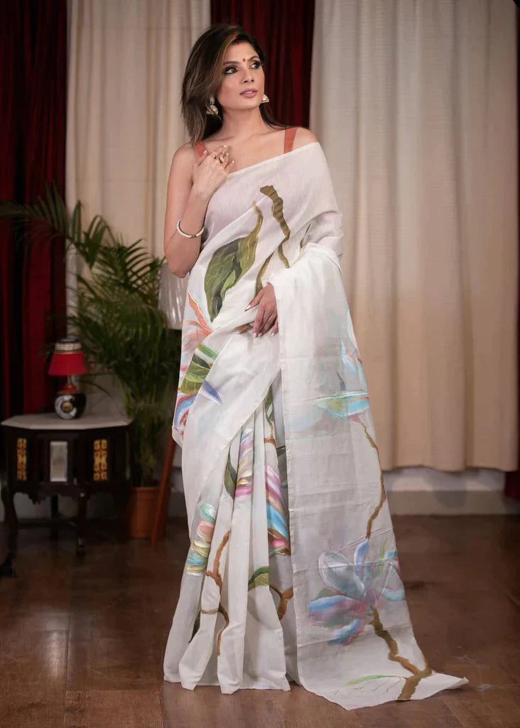 ATTRACTIVE WHITE COLOR KALAMKARI PRINTED COTTON LINEN SAREE