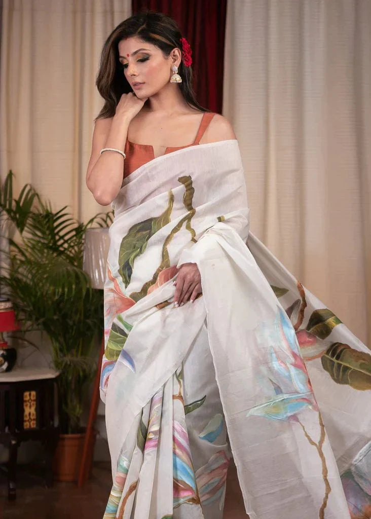 ATTRACTIVE WHITE COLOR KALAMKARI PRINTED COTTON LINEN SAREE