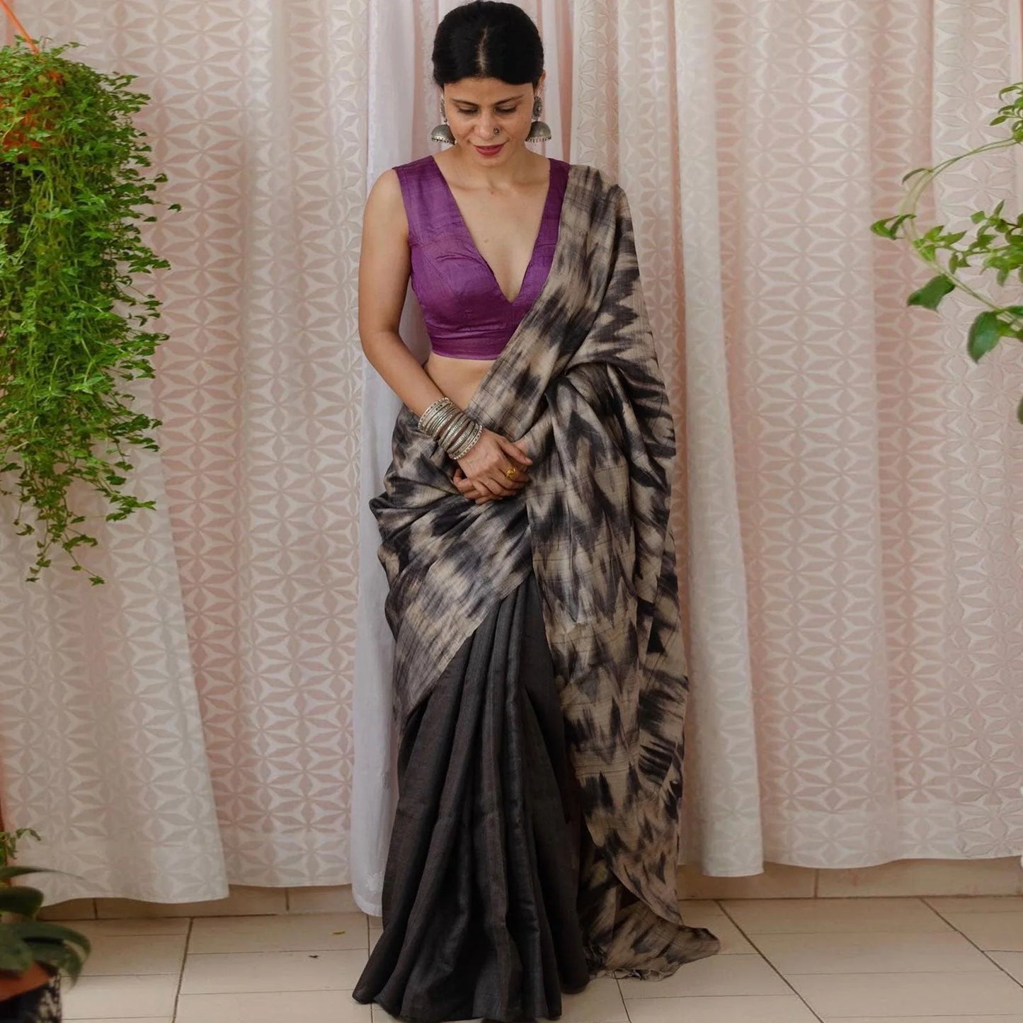 Black And Grey Half And Half Digital Cotton Linen Printed Saree