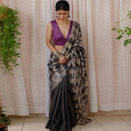 Black And Grey Half And Half Digital Cotton Linen Printed Saree