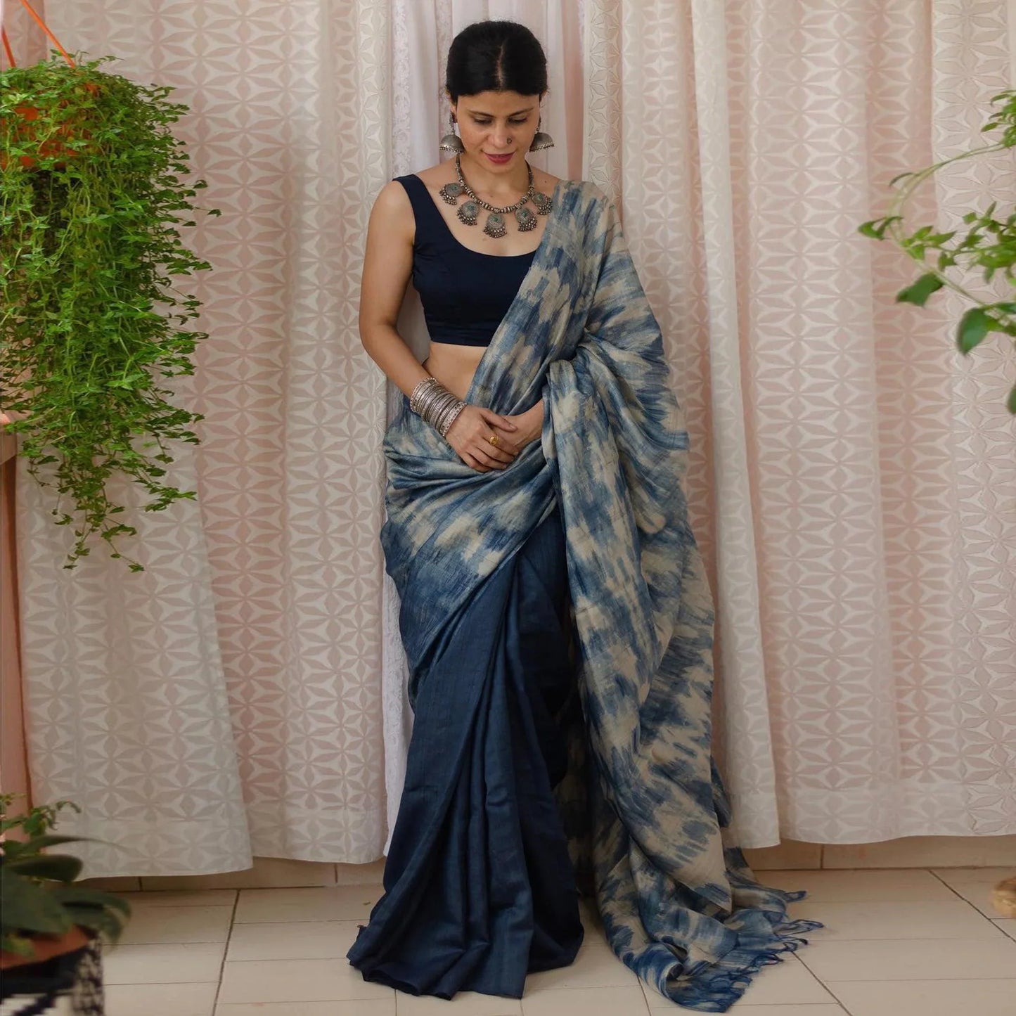 Blue Half And Half Digital Cotton Linen Printed Saree