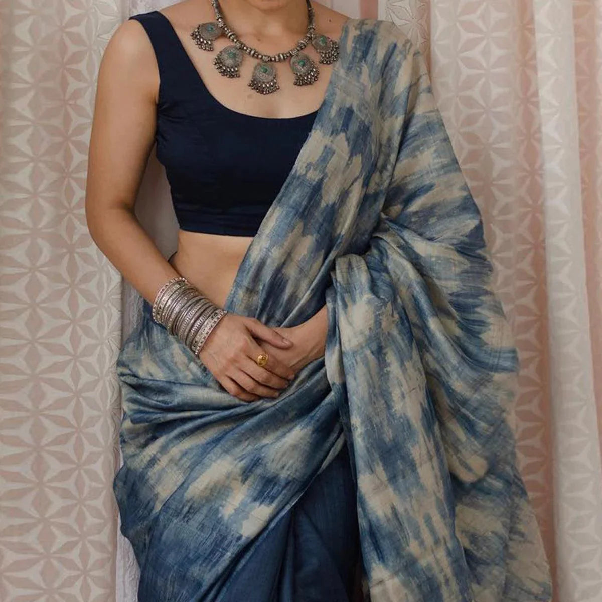 Blue Half And Half Digital Cotton Linen Printed Saree