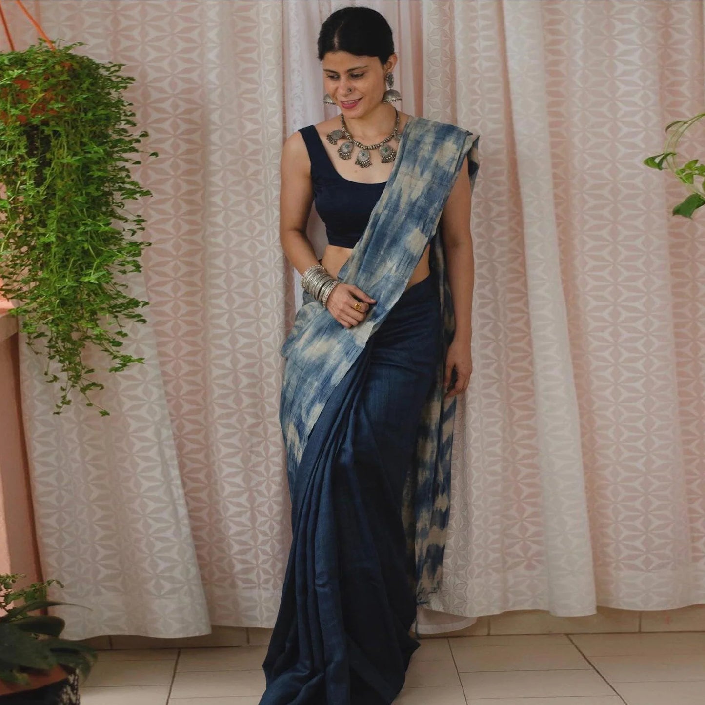 Blue Half And Half Digital Cotton Linen Printed Saree