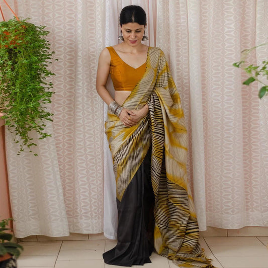 Multicolour Half And Half Digital Cotton Linen Printed Saree