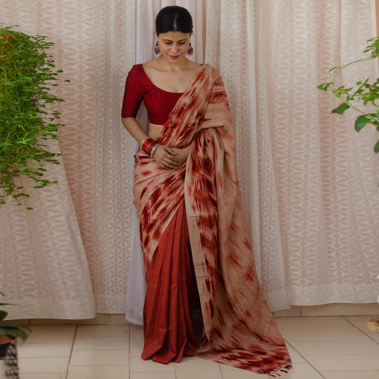 Rust Half And Half Digital Cotton Linen Printed Saree