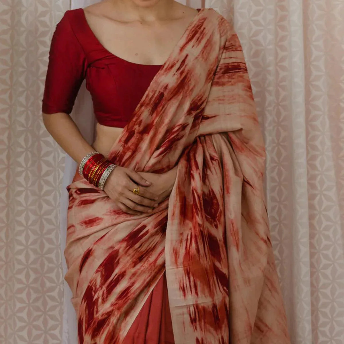 Rust Half And Half Digital Cotton Linen Printed Saree