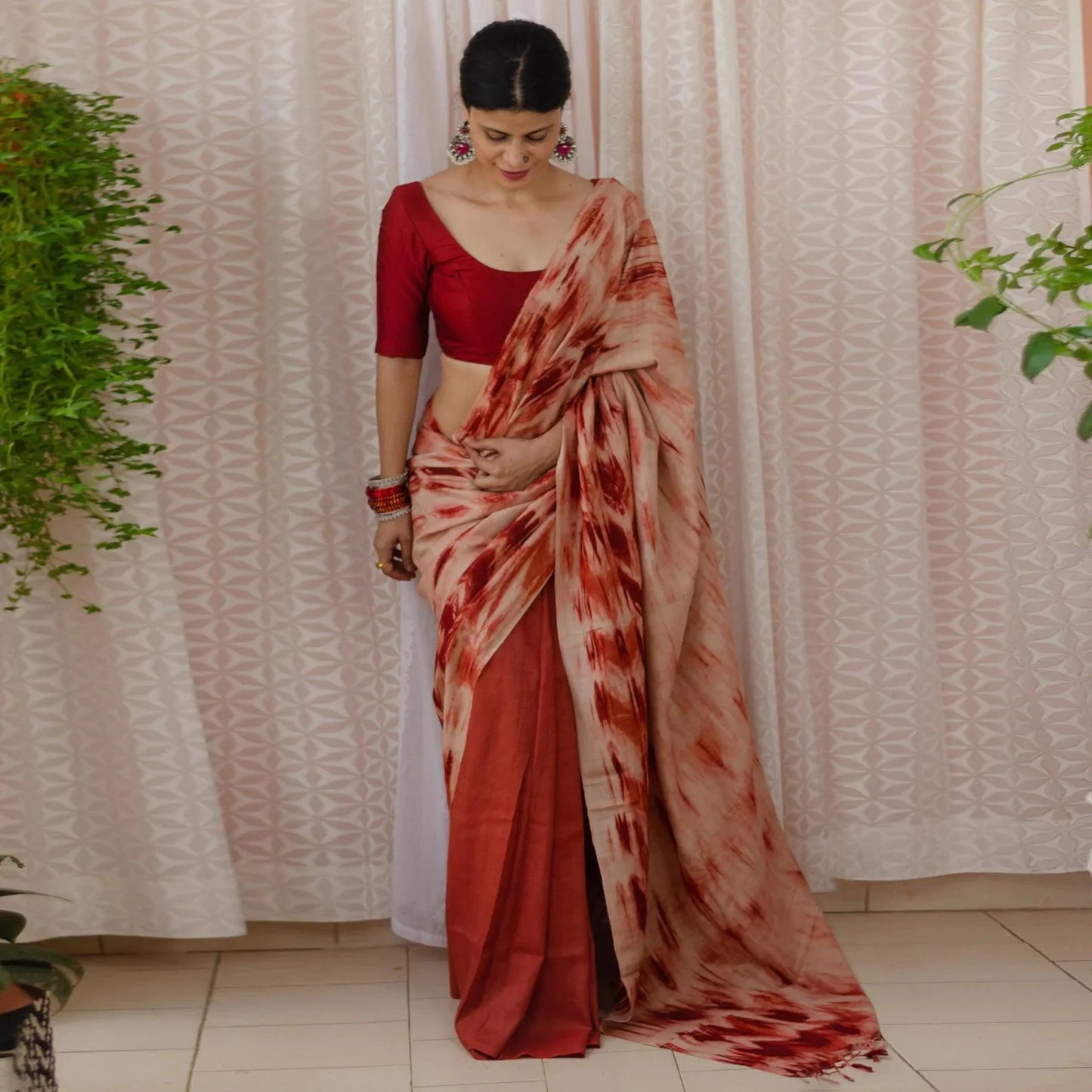 Rust Half And Half Digital Cotton Linen Printed Saree